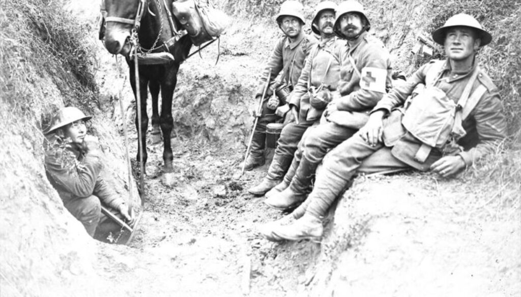 130_A Canadian Engineer with his mule takes cover in a trench. Advance East of Arras. September, 1918.